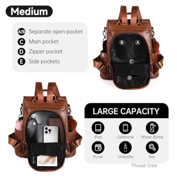 Vegan Leather Anti-Theft Backpack Tote Shoulder Bag 17L Travel Work School main image 6